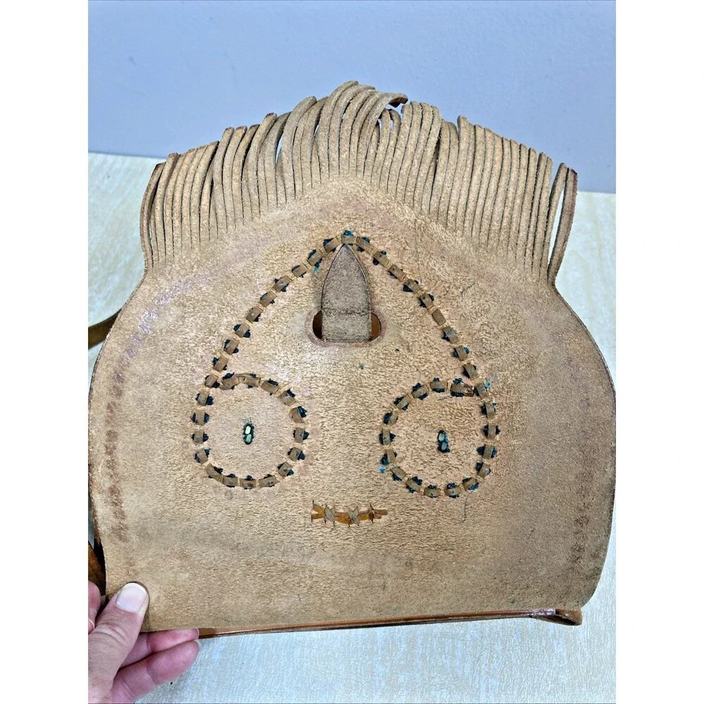 Vintage Leather Hand Tooled & Beaded Handbag Crossbody Tan Fringe Hippie Boho